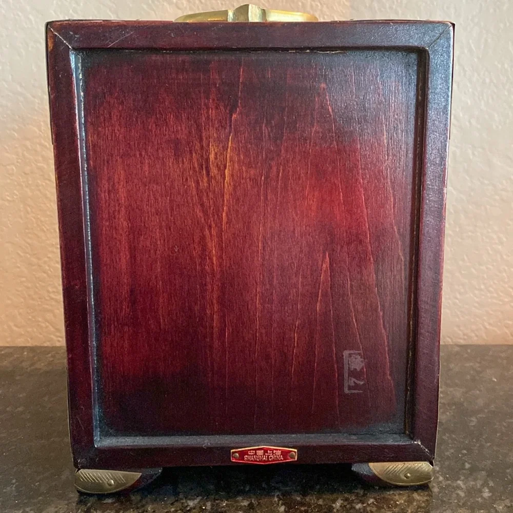 Antique Chinese Rosewood Jade Inlay Brass Hardware Wooden Jewelry Box